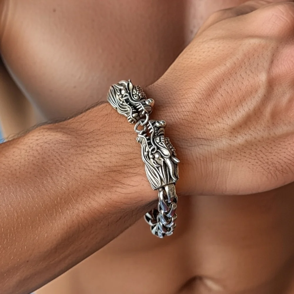 Vintage Silver Double Dragon Head Wheat Link Chain Bracelet Unisex Jewelry